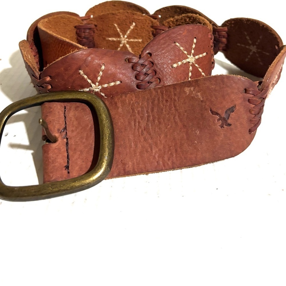 Vintage unisex Brown Leather Belt with Brass Buckle size M